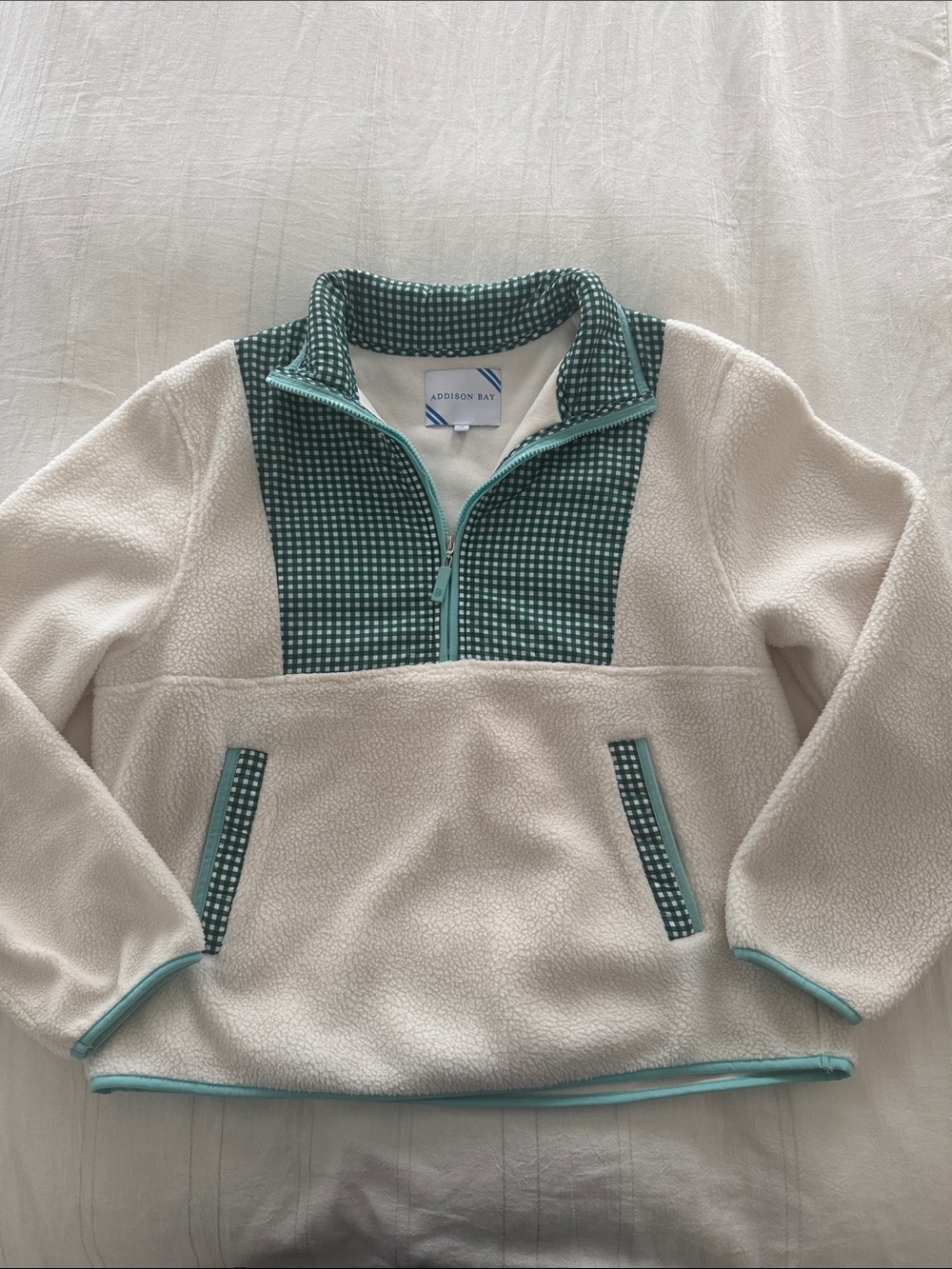 Addison Bay Cream Fleece Pullover with Teal Gingham Accents